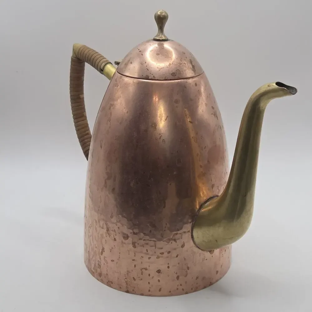 MCM Tea Pot O.H. Lagerstedt Swedish Hammered Copper & Brass 1950s Bamboo Handle